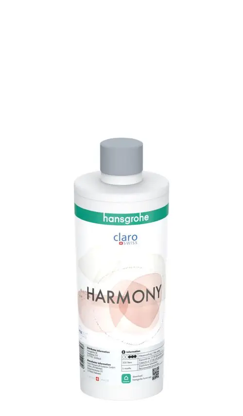 Weißer Behälter mit grauem Deckel, beschriftet mit „HARMONY“ und Informationen zur Mineralisierung und Filterung von Hansgrohe. Rückseite zeigt Nährwert- und Herstellinformationen.